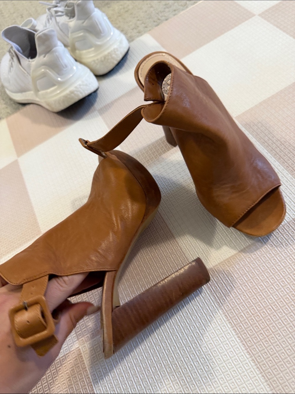 Vince Camuto Cognac Brown Open-Toe Block Heel Sandals - Picture 3 of 5